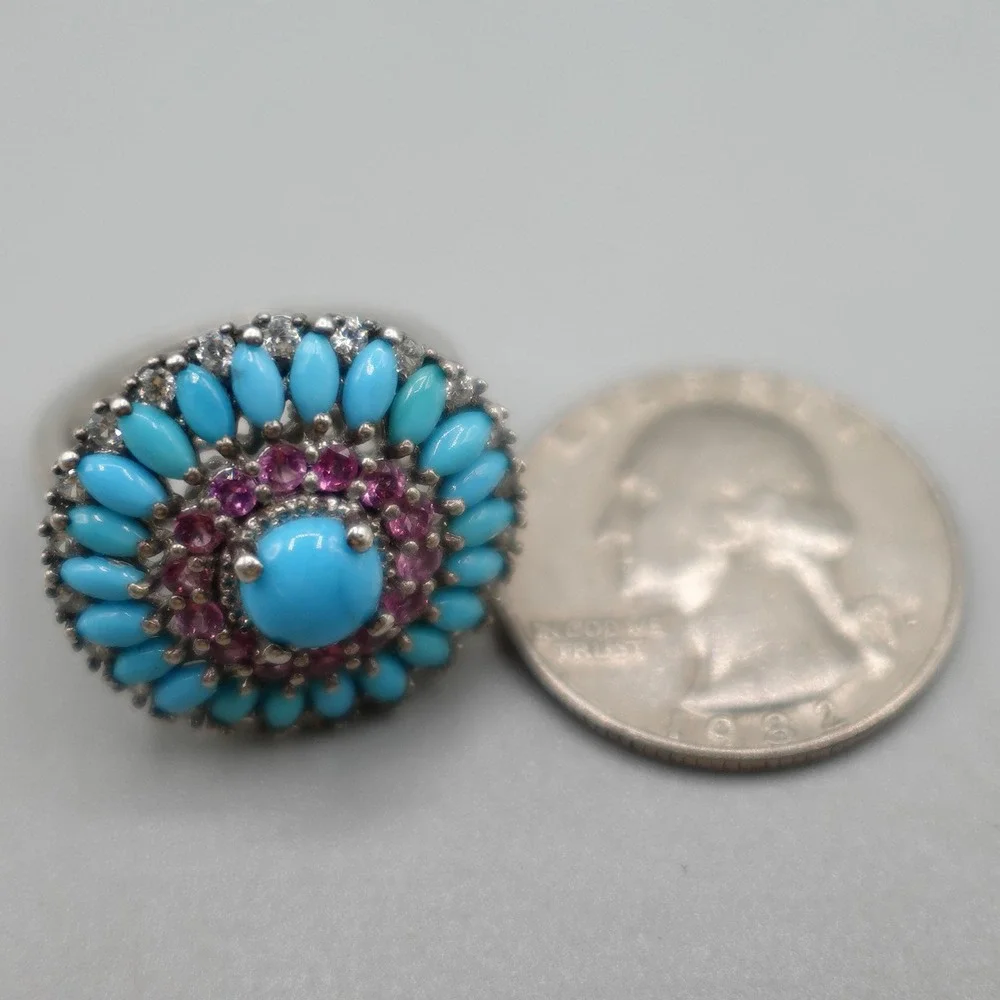 Vintage Sterling Silver Turquoise Cluster Ring Womens Size 8 Blue Pink Statement